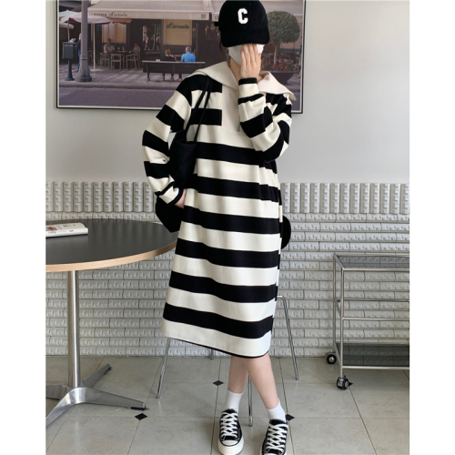 Real-price real shot with pockets and collar beads in spring and autumn new loose striped navy dress women's tide