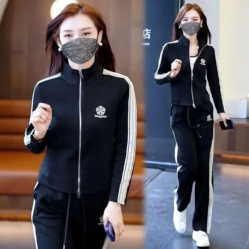 Leisure sports suit women's 2023 spring and autumn new fashion age-reducing all-match temperament wide-leg pants two-piece set