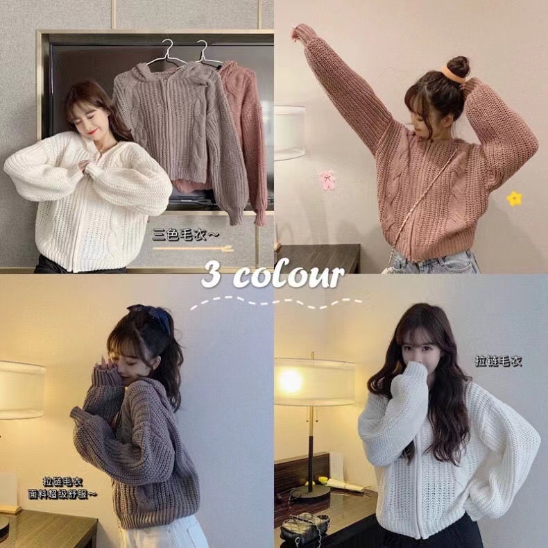 Lazy style twist sweater women's short autumn and winter loose outer zipper cardigan hooded long-sleeved knitted jacket top