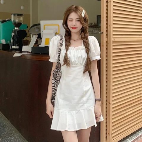 Sweet Spice Girl Bubble Sleeve white dress women's summer 2022 new French first love small short skirt