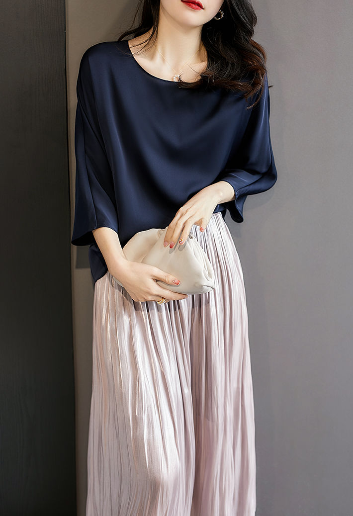 Satin Chiffon T-shirt women's 2021 summer autumn spring new 7 / 4 sleeve women's top simple large women's wear