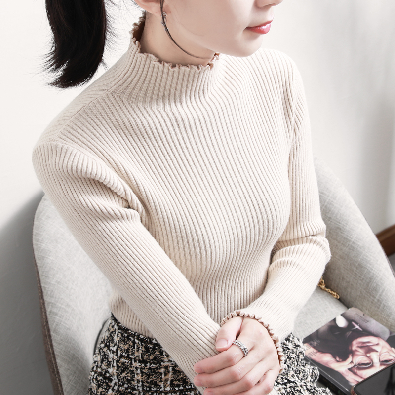 Half high neck sweater with wooden ear edge for women's autumn / winter 2020 new slim fit sweater