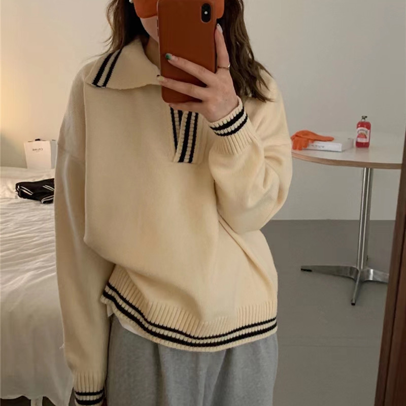 2022 autumn new polo collar knitted fashion simple contrast color loose long-sleeved pullover top female student sweater