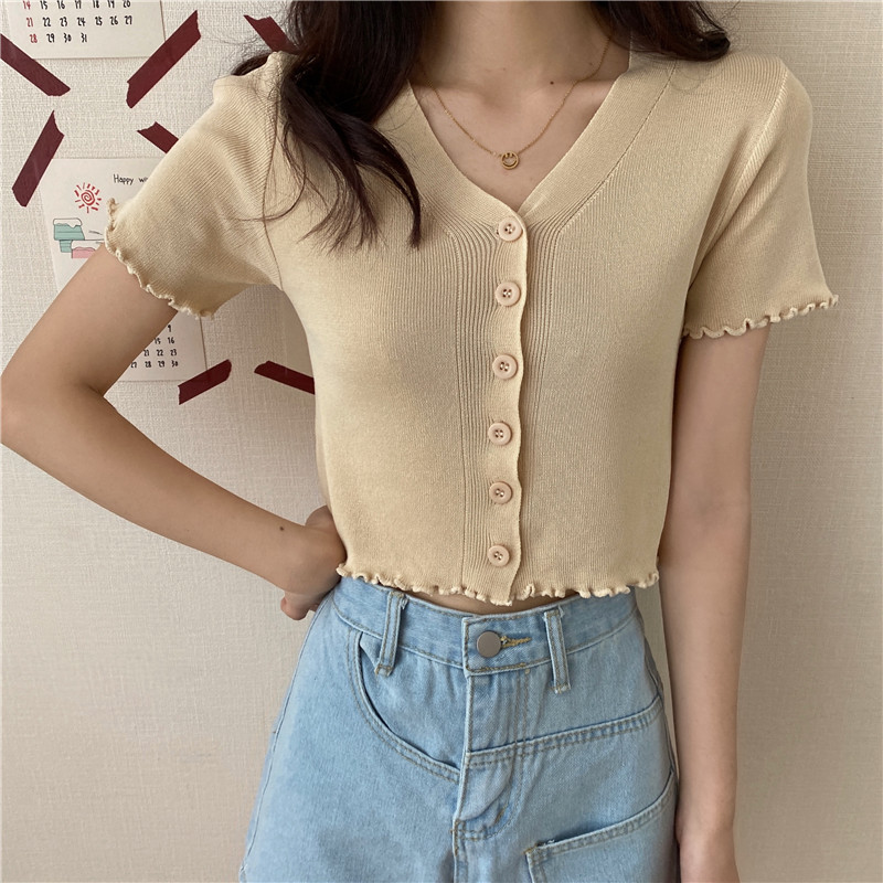 Summer new high waist short sleeve T-shirt women's fashion exposed navel short BM knitted thin purple top women