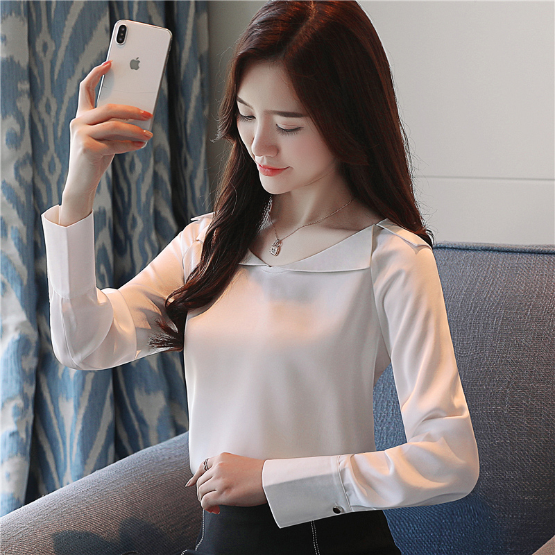 Real shot Korean collar Satin Long Sleeve Chiffon shirt women's one line shoulder exposed clavicle top loose and thin shirt