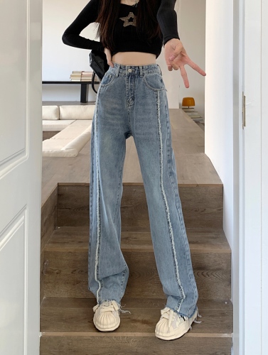 Real shot 2023 spring new high-waist wide-leg jeans women's retro loose raw edge straight-leg mopping pants