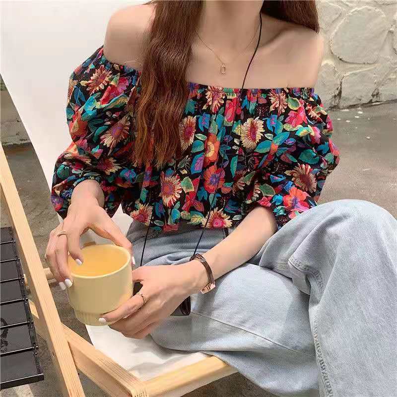 Korean summer one neck off shoulder top women's floral bubble sleeve loose and thin foreign style Short Sleeve Chiffon shirt