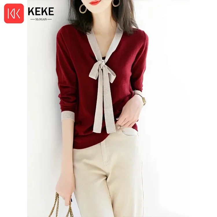 Western style gentle and elegant loose and bright silk sweater autumn new style air-tie sweater bottoming shirt top