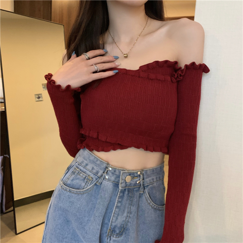 Early autumn new off shoulder cross short long sleeve lace T-shirt