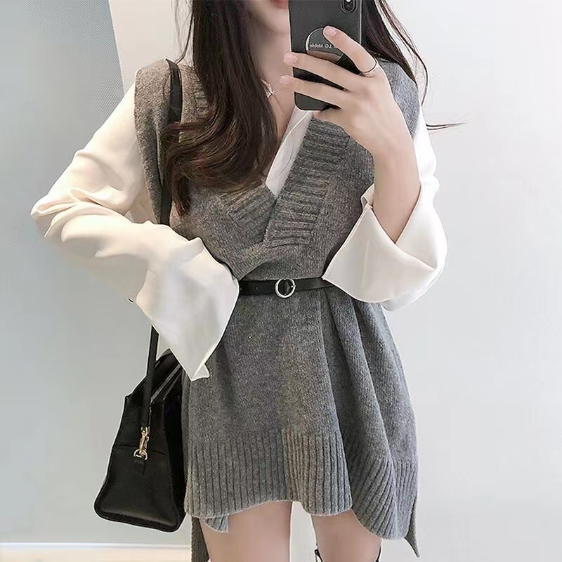 Korean chic all-match lazy style outside with knitted vest autumn and winter new bottoming sweater vest women's belt