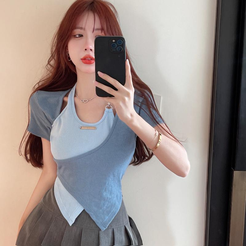 Sweet and spicy style hanging neck shoulder short-sleeved T-shirt women's summer unique special cross irregular color contrast short bm top
