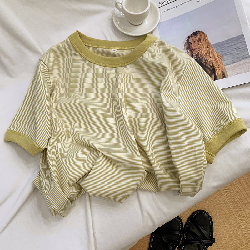 Real shot shoulder stripe round neck short-sleeved T-shirt women's summer dress 2022 new Korean version loose contrast color casual top