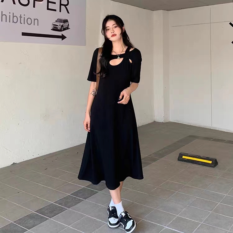 Large size hot girl hollow solid color dress women's summer new fat mm black waist simple air long skirt trendy