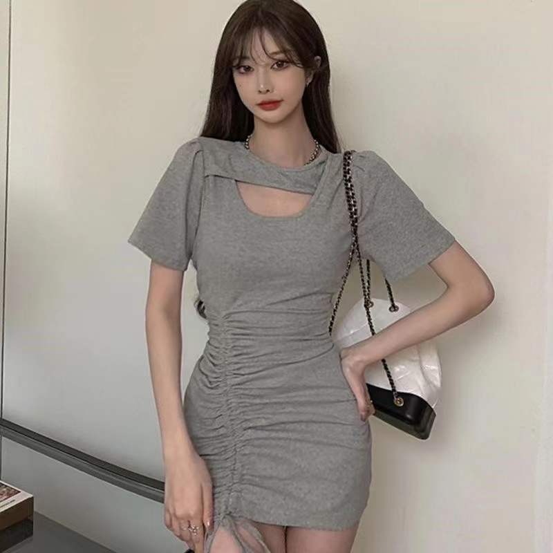 Korean version of INS women's new heart machine hollowed out Hip Wrap Skirt sense of minority waist drawstring short sleeved dress
