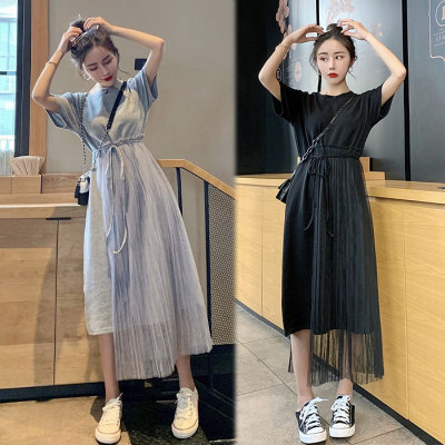 Small mesh dress women's summer super fairy temperament waist slim middle long Korean student short sleeve skirt