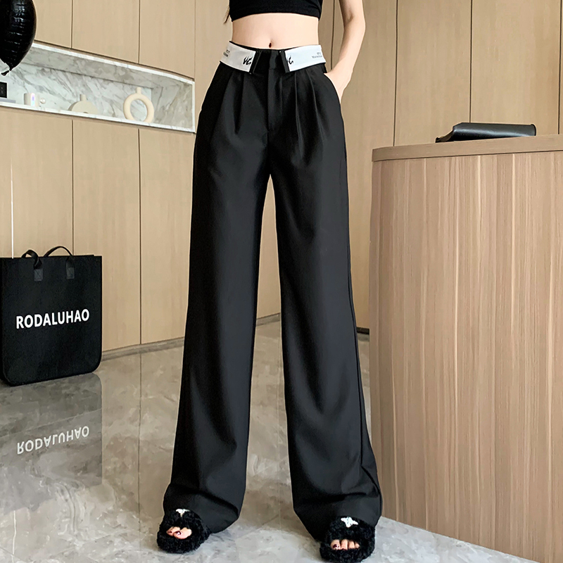 Non-fading black design sense turn-up suit pants women's 2022 early autumn new wide-leg straight-leg mopping trousers