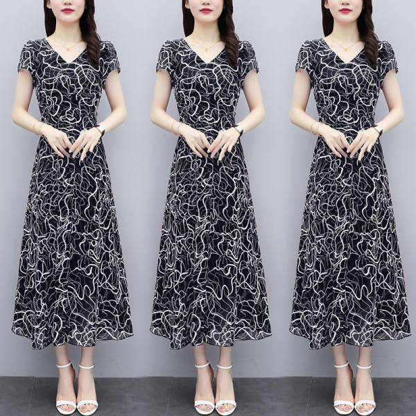 2021 imitation ice silk dress middle-aged and elderly large women's dress mother's summer new short sleeve refreshing knee length skirt
