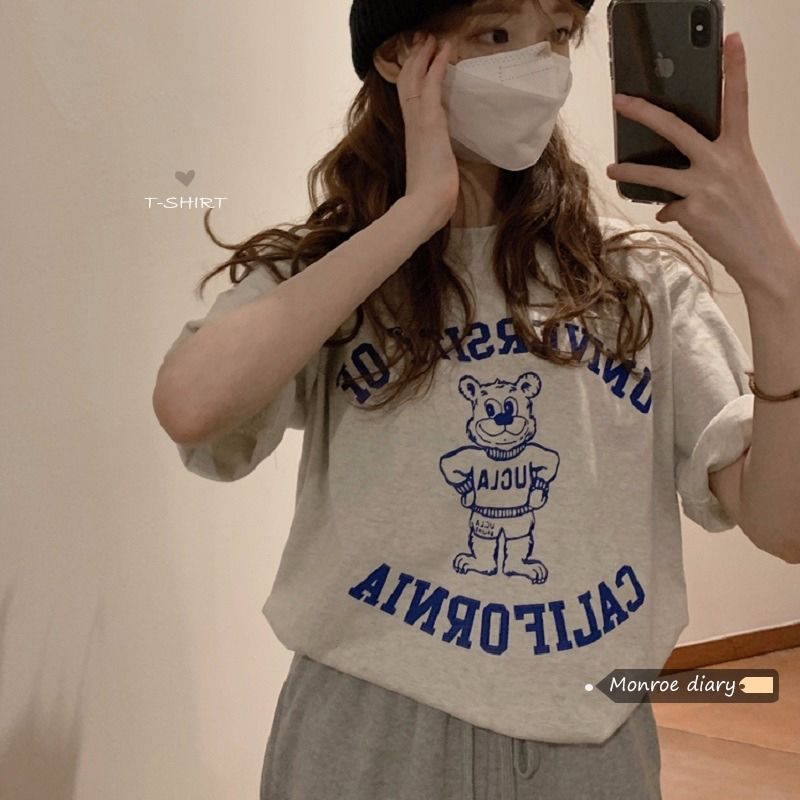 6535 cotton summer new Hong Kong style letter cartoon printing short-sleeved T-shirt loose slim round neck bottoming top women