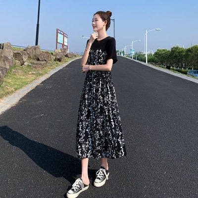 Summer 2021 women's summer dress new Hepburn style medium length patchwork floral skirt gas high waist thin long skirt