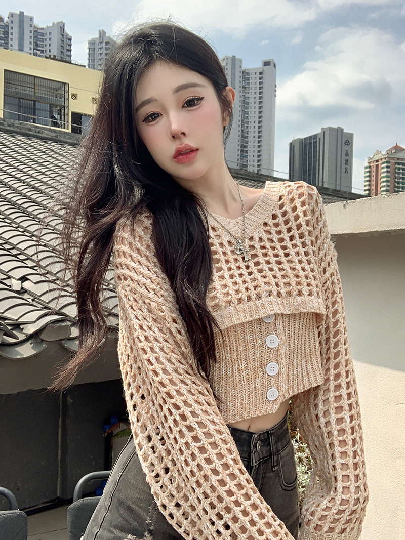Real shot real price sweet and spicy long-sleeved knitted cardigan two-piece sweater camisole new fashion suit