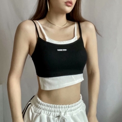 New fake two piece suspender top with irregular color contrast stitching