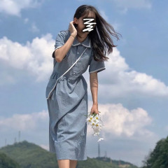 Small fresh and sweet lace Plaid Dress female student Korean lace up slim college style polo collar medium and long skirt