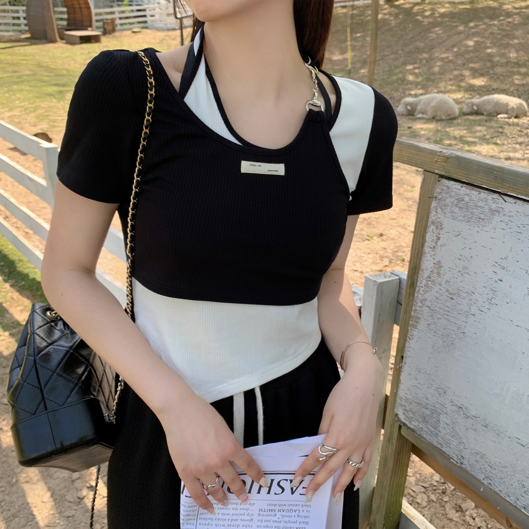 Irregular fake two pure desire top ~ 2022 summer new spice girl pure desire style short sleeve T-shirt women's top