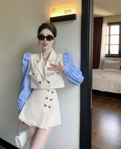 Real price Stitching striped shirt sleeve short suit jacket + high waist hakama two-piece suit