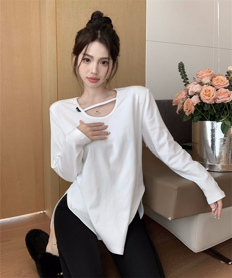 Real shooting real price Design fashion long-sleeved U-neck pullover T-shirt all-match loose bottoming top