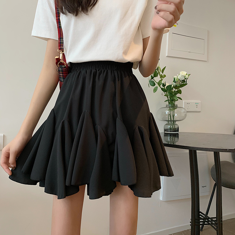 Real price irregular short skirt women's skirt A-line skirt high waist elastic pleated skirt