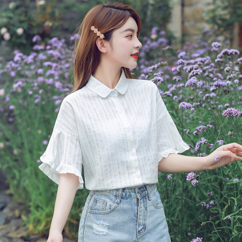 Real photo white shirt women's Ruffle Top summer design sense small Japanese temperament short sleeve shirt trend