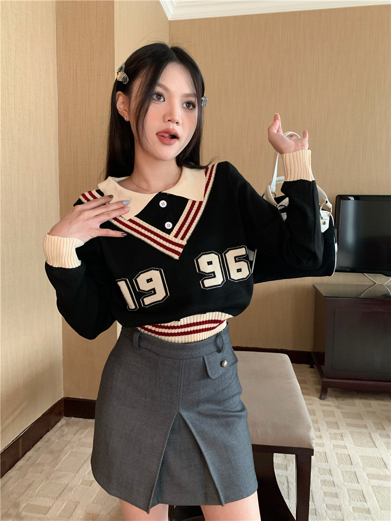 Real shot real price retro college lazy style short knit sweater long-sleeved top