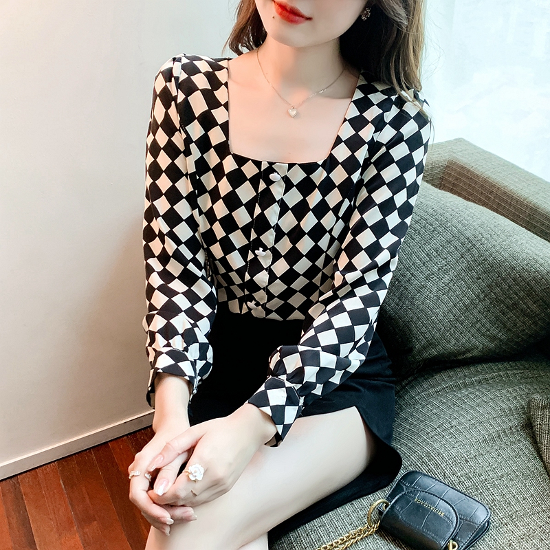 2022 spring French minority bubble sleeve square neck long sleeve Vintage Plaid short shirt women's top
