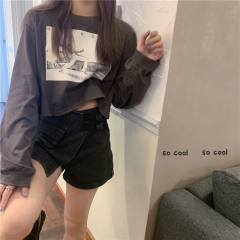 Korean creative cartoon short long sleeve printed T-shirt