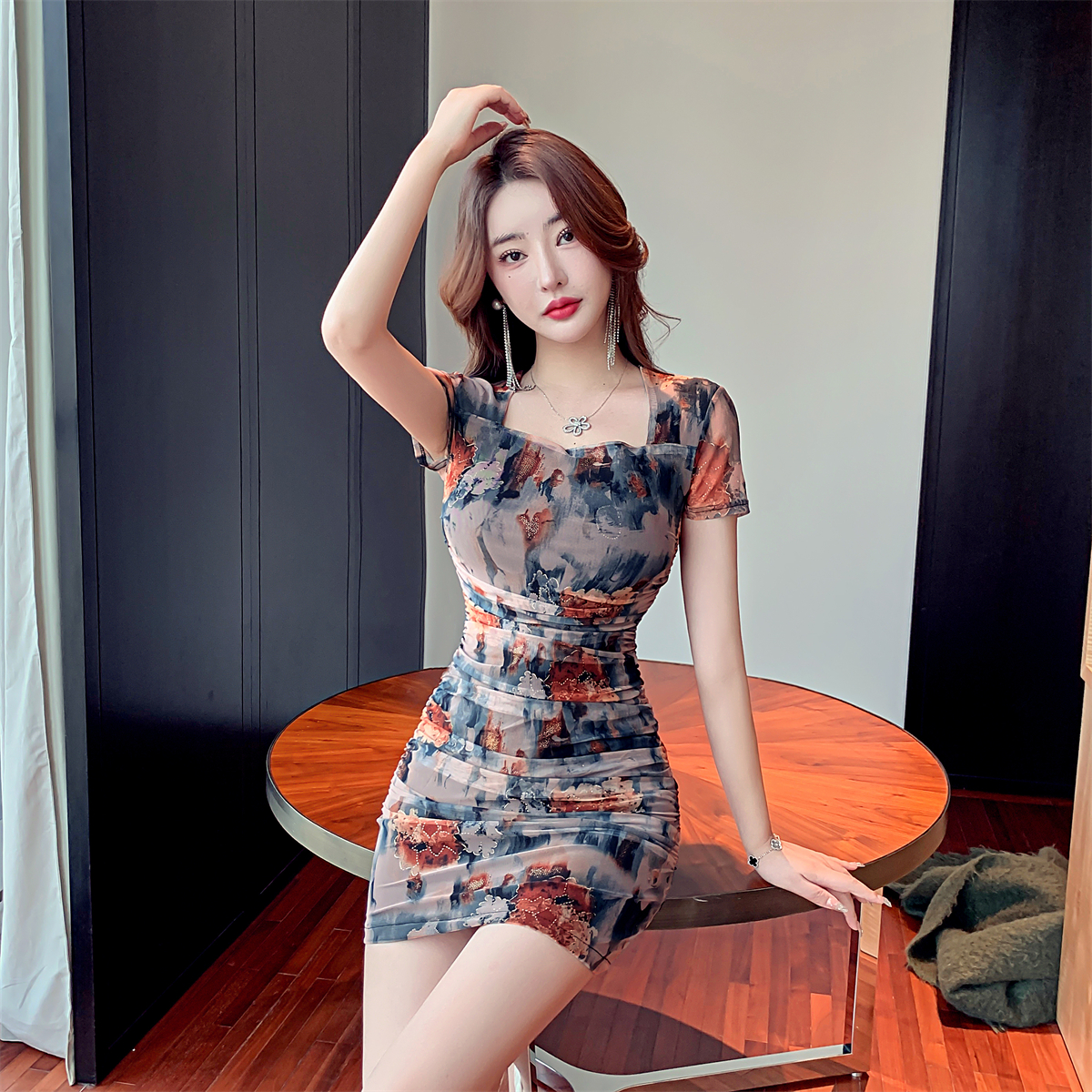Real shot new temperament mesh retro printing bottoming bag hip dress plus size women's clothing