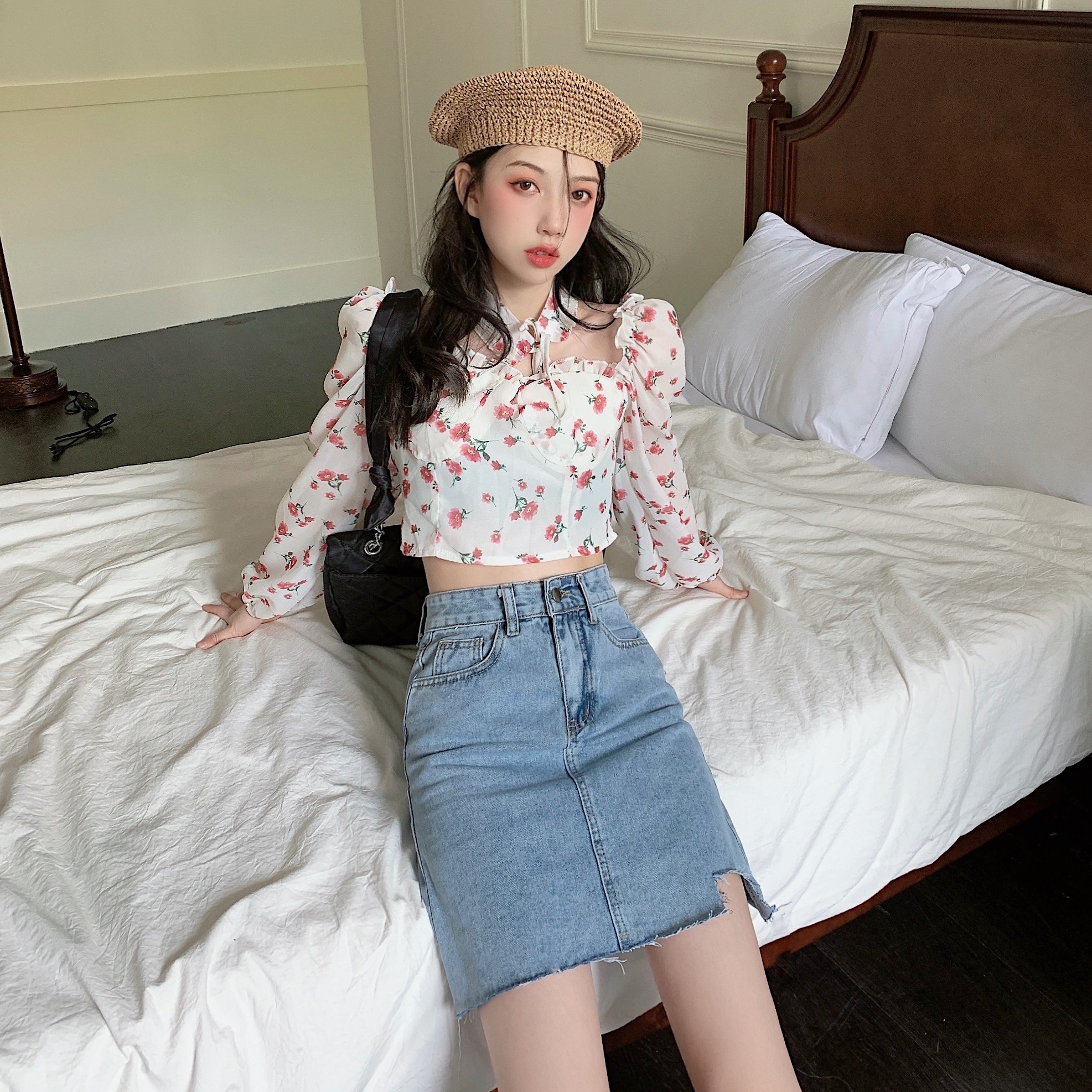 Real shot#Korean version of the denim skirt female high waist large size fat mm slim leg long package hip A word retro skirt tide