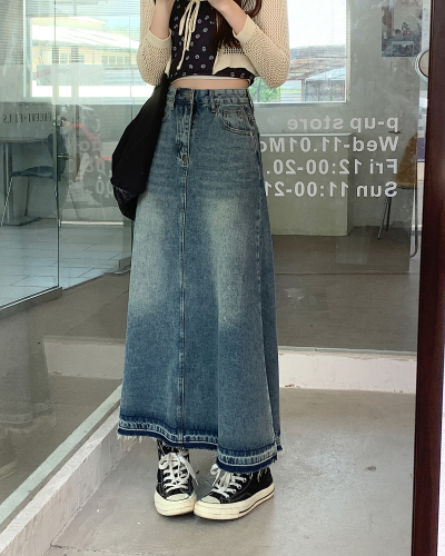 Real price real price  spring new high waist retro raw edge a-line denim skirt looks tall and thin