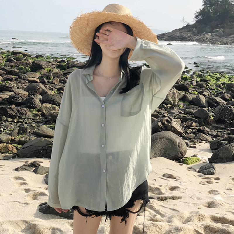 Sunscreen shirt women's long sleeve Korean loose medium long chic lazy shirt 2020 spring summer thin coat BF style