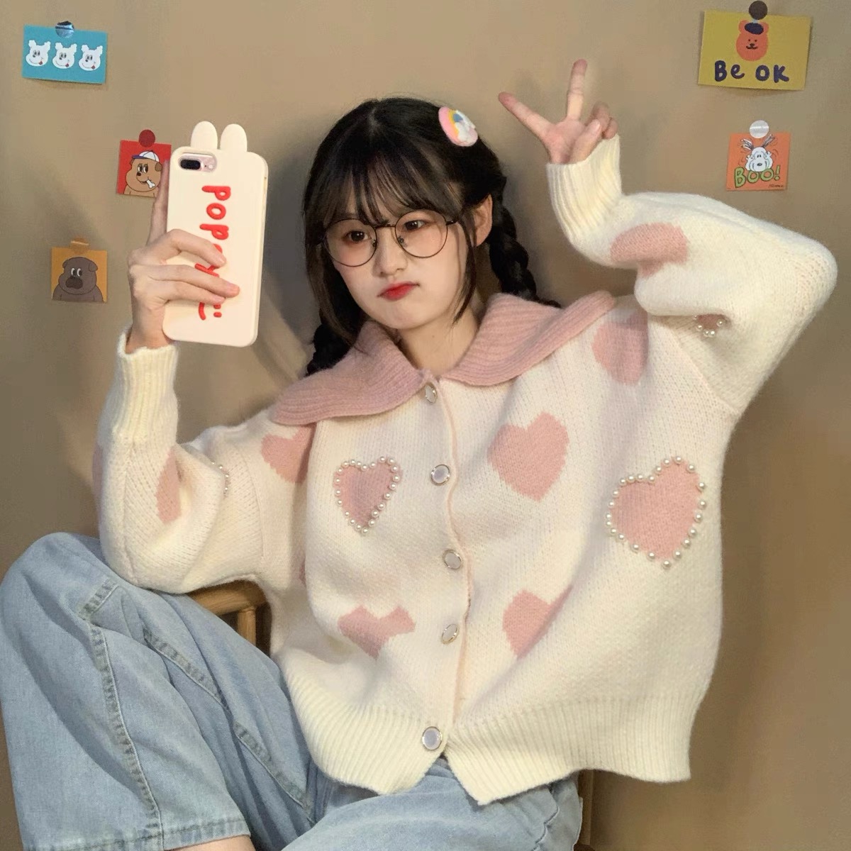 Girl Sweater Coat pearl love Korean autumn and winter new lazy wind outside wearing sweet and lovely cardigan girl