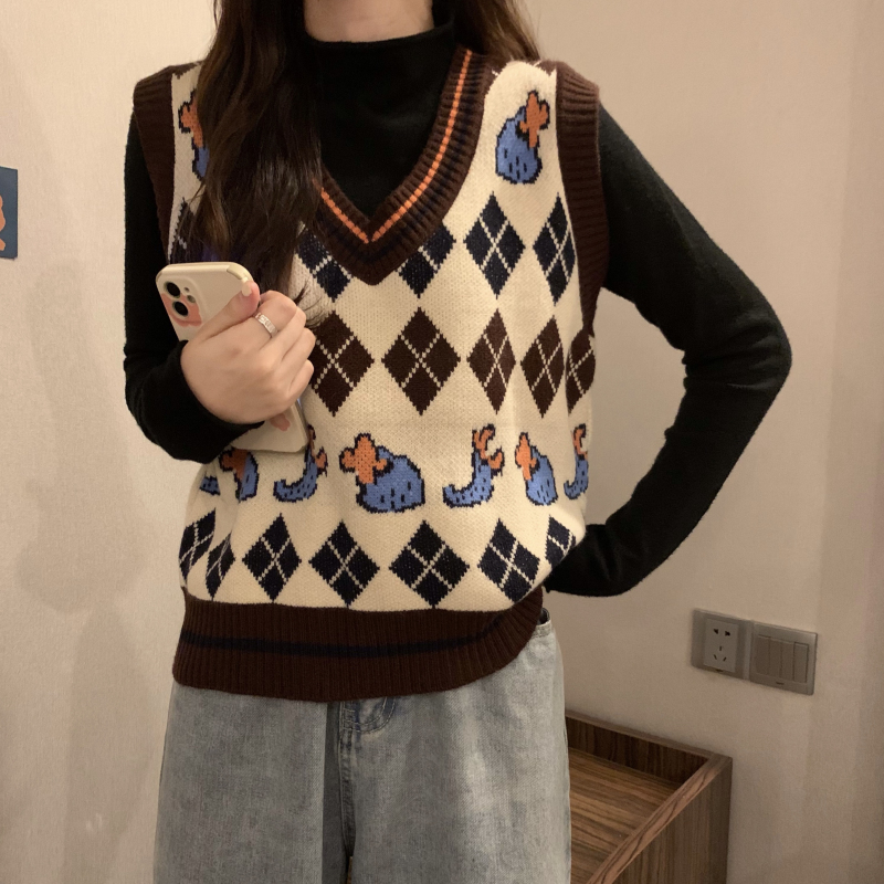 Loose neck lazy sweater diamond vest vest