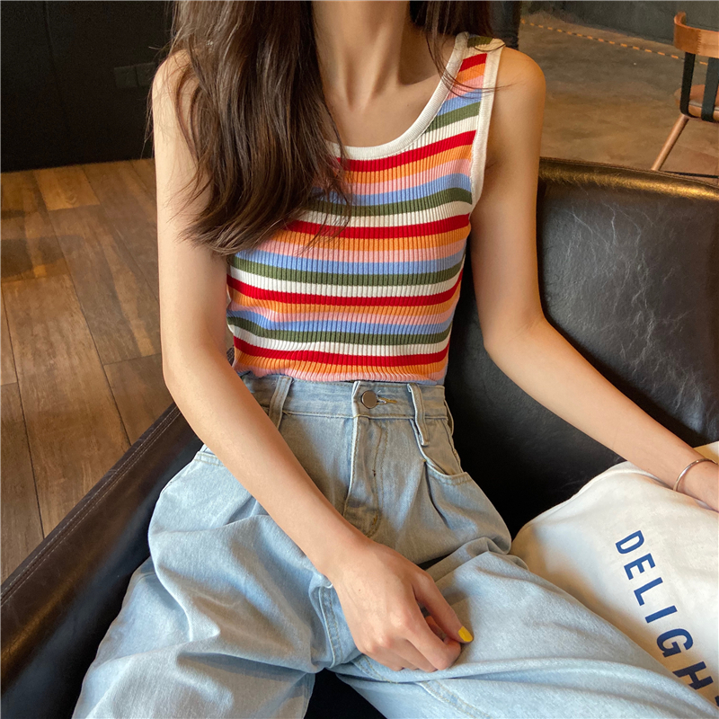 Real shot real price Hyuna wind top striped knitted rainbow vest women's short navel exposed all-match bottoming shirt