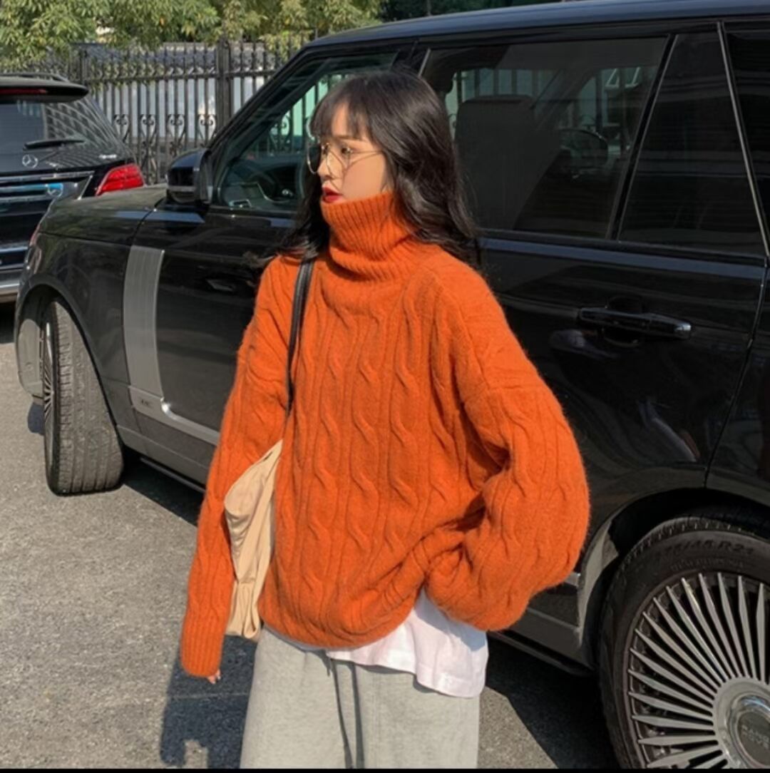 High neck sweater women's loose outer wear 2021 new autumn and winter lazy wind inside with Japanese pop thickened bottom shirt
