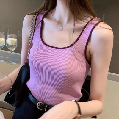 Net red collar knitted sexy tight contrast short sleeve T-shirt versatile t-shirt female