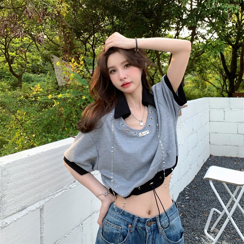 Waffle chain short sleeve T-shirt women's design feeling loose short drawstring jacket