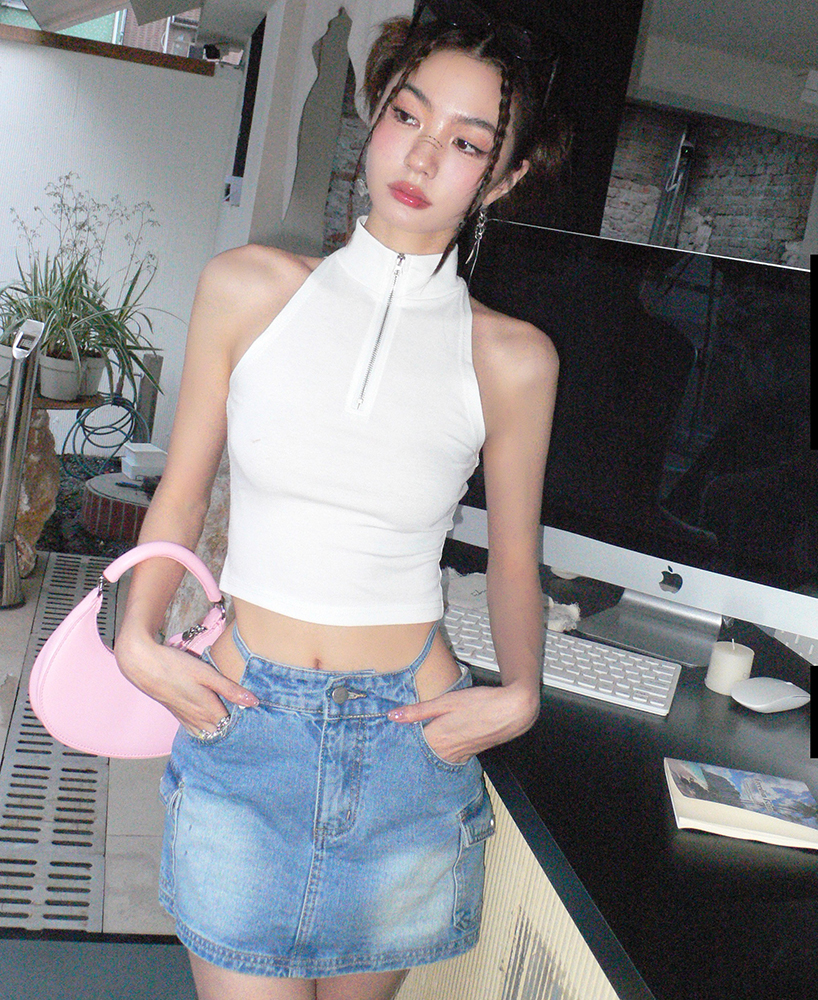 Real shot 2022 summer new ins fashion brand design versatile casual Lapel zipper sleeveless Spice Girl vest T-shirt women