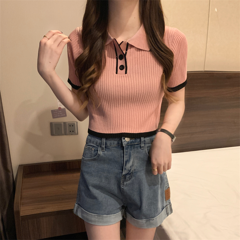 2023 spring new college style short top POLO collar reduces age and looks thinner C11801703 icy silk