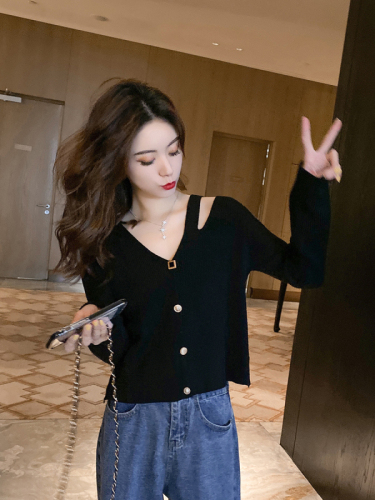 Knitted coat women's spring trend new large collar black short coat fashionable and versatile