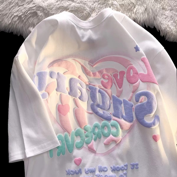 Cotton + foam print 2022 summer loose short sleeve T-shirt
