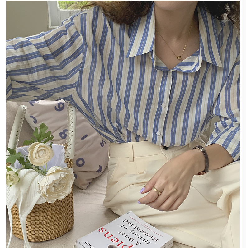 Personality retro loose long-sleeved thin blue and white striped shirt top women's niche design 2022 autumn new