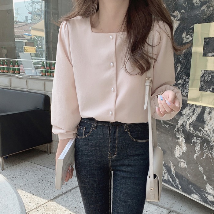 Design sense bubble sleeve square collar shirt women's autumn new style French retro clavicle Korean top